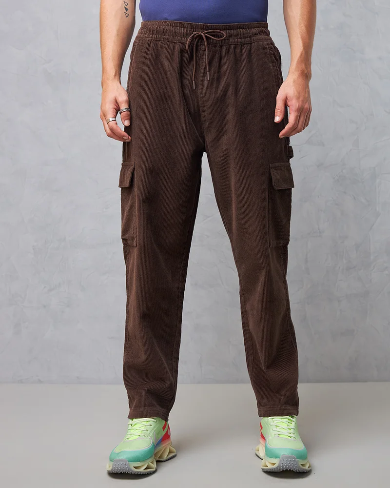 bewakoof Men's Brown Tapered Fit Japanese Cargo Carpenter Pants